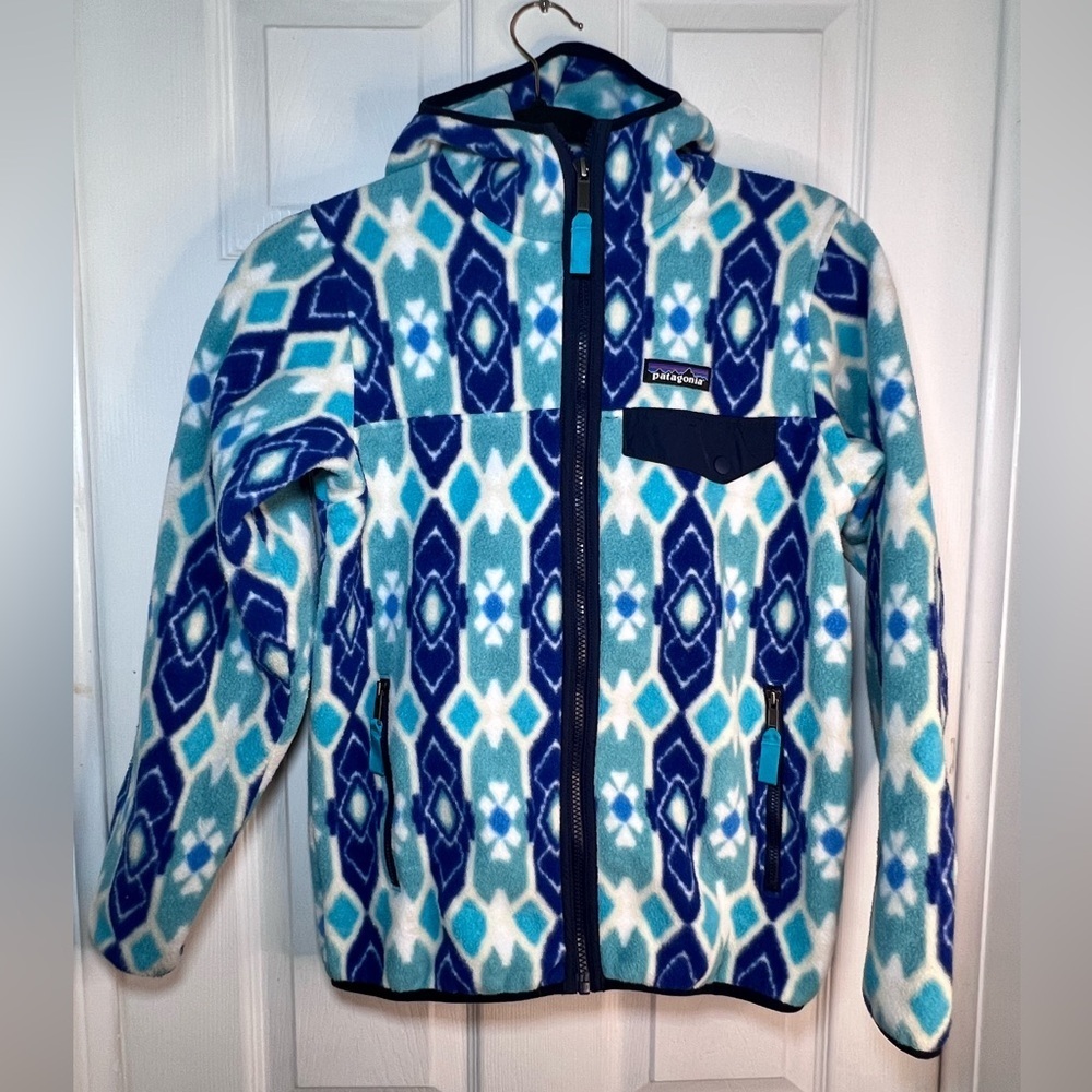Patagonia Synchilla Full Zip Fleece Hooded Jacket Aztec Tribal Womens Xs Blue